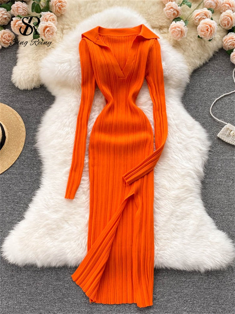 SINGREINY Women Korean Knitted Dress Long Sleeve V Neck Elastic Slim Pencil Dresses 2021 Autumn Sexy Bodycon Split Sweater Dress