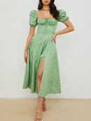 NewAsia Floral Print Dress Sweet Square Neck Puff Sleeve Side Spilt Drawstring Maxi Dresses for Women Party Chic Casual Outfits