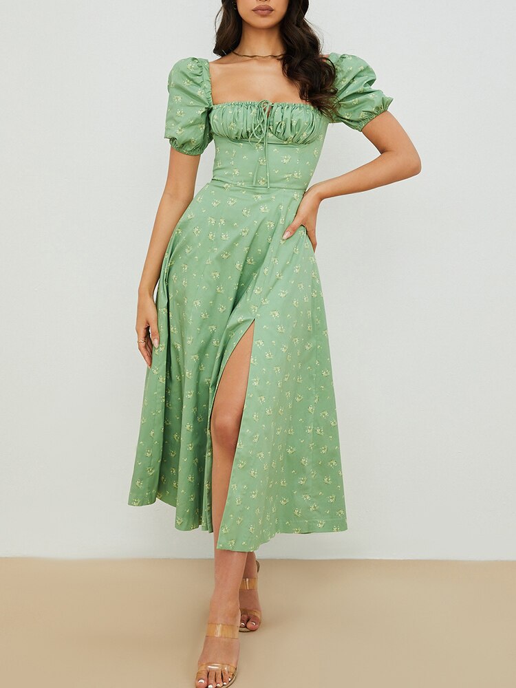 NewAsia Floral Print Dress Sweet Square Neck Puff Sleeve Side Spilt Drawstring Maxi Dresses for Women Party Chic Casual Outfits