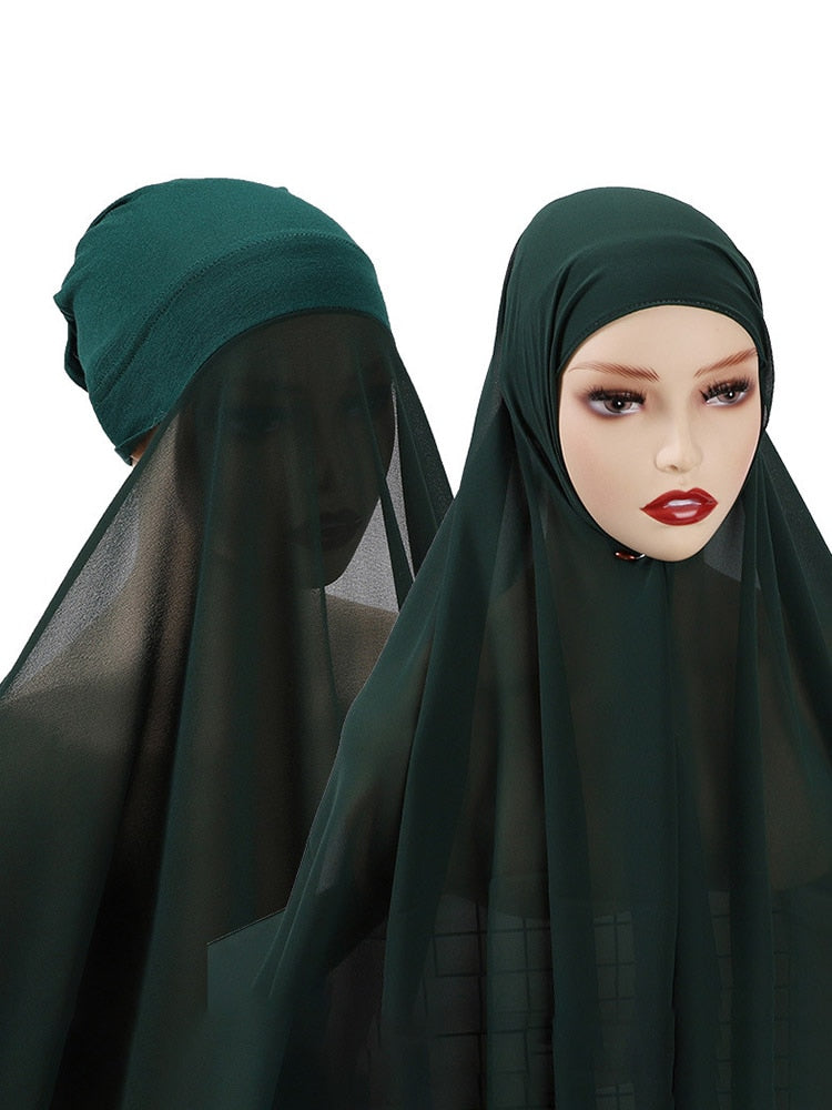 Instant Hijab With Cap Heavy Chiffon Jersey Hijab For Women Veil Muslim Fashion Islam Hijab Cap Scarf For Muslim Women Headscarf