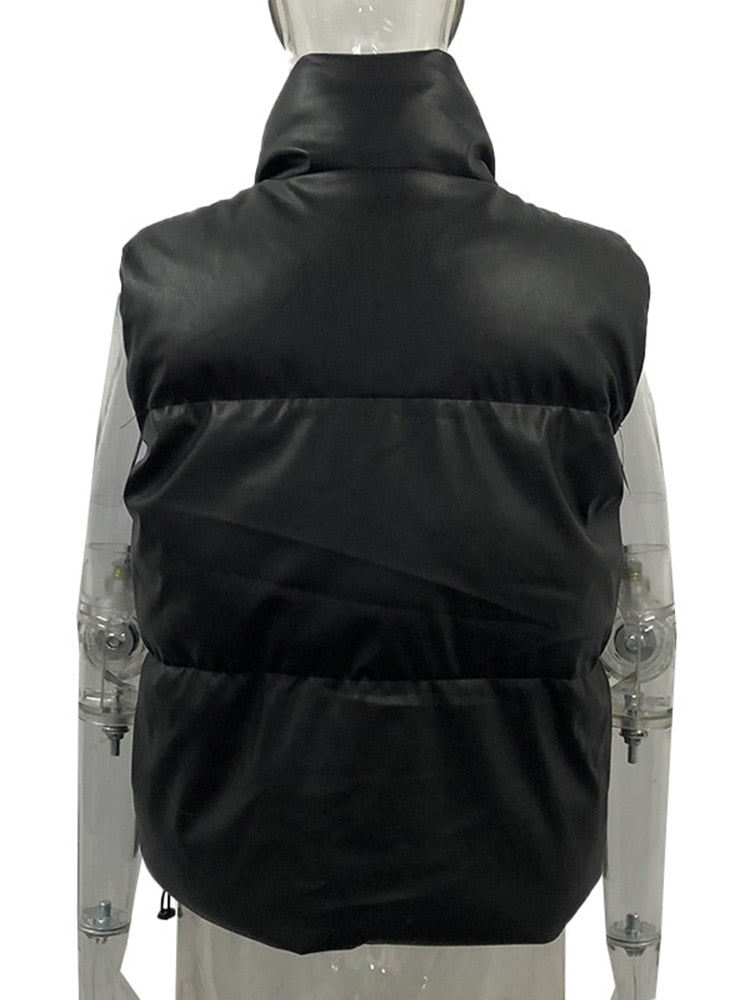Elina Black Stand Collar Vests Women Fashion Zipper PU Leather Coats Women Elegant Autumn Winter Short Vests Female Ladies IAC