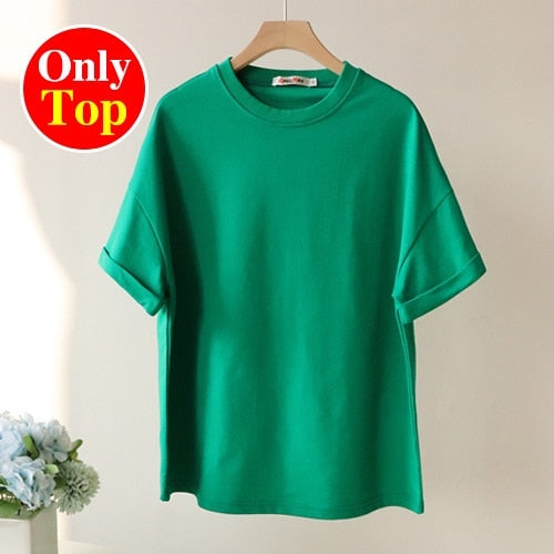 Summer Cotton Tracksuit Women Spring Loose Two Piece Sets Casual Long Sleeve  Sweatshirt &amp; Elastic Waist Shorts Female Outfits