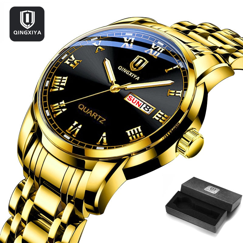 QINGXIYA Top Brand Luxury Gold Red Quartz Watch Men Stainless Steel Luminous Waterproof Watches Week Calendar Business Watch Men