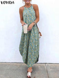 Printed Maxi Dresses VONDA Bohemian Sexy Sleeveless Sundress Women Causal Halter Summer Beach Dress Asymmetric Long Dresses
