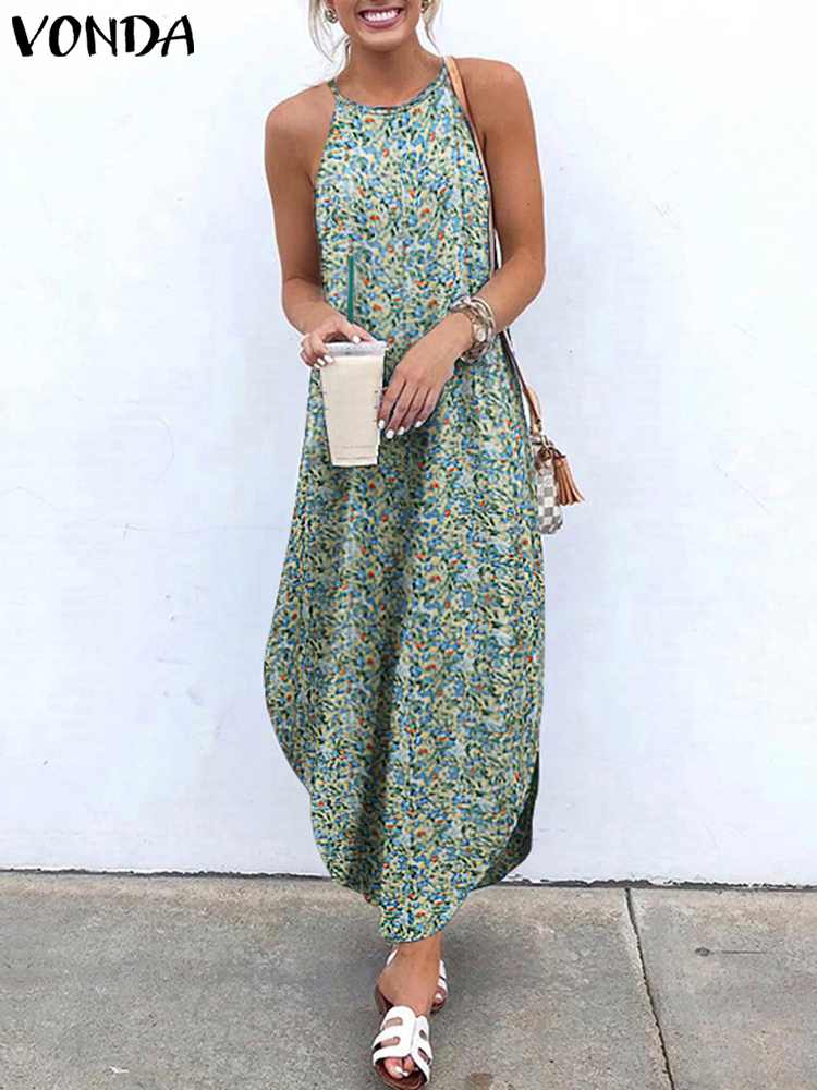 Printed Maxi Dresses VONDA Bohemian Sexy Sleeveless Sundress Women Causal Halter Summer Beach Dress Asymmetric Long Dresses