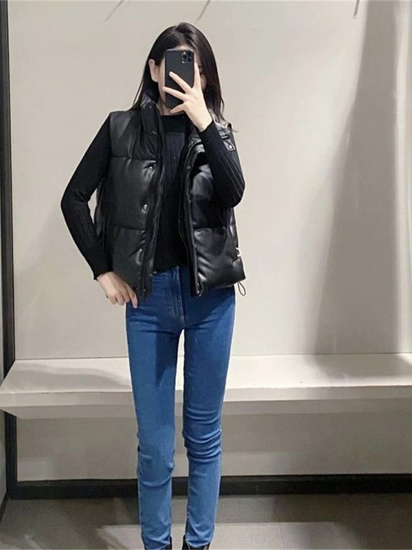 TRAF Women 2021 Fashion Leather Cotton Pocket Padded Waistcoat Vintage Sleeveless Female Outerwear Streetwear