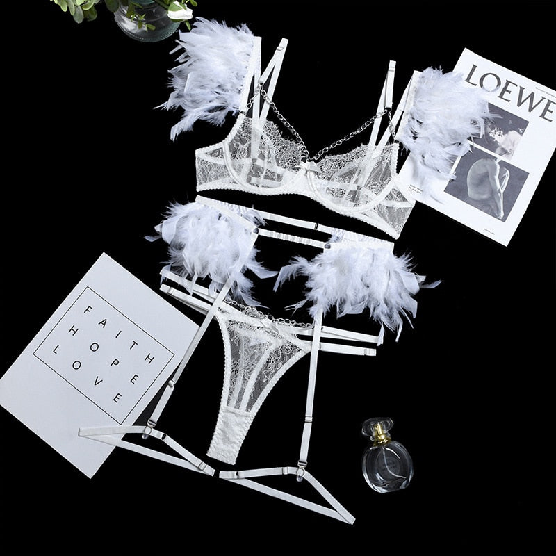 MeiKeDaiNicey Feather Sensual Lingerie Sexy Transparent Lace Bra with Chain Exotic Sets Porn 3 Piece Set Garters Erotic Costumes