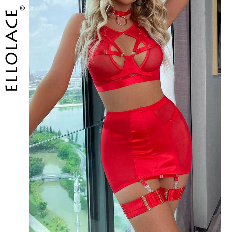 Ellolace Red Lingerie 5-Pieces Fancy Underwear Sexy Women Uncensored Transparent Bra Garters Briefs Sets Bandage Sex Outfits