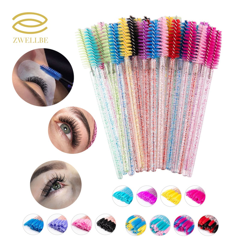 zwellbe Good Quality Disposable 50 Pcs/Pack Crystal Eyelash Makeup Brush  Diamond Handle Mascara Wands Eyelash Extension Tool