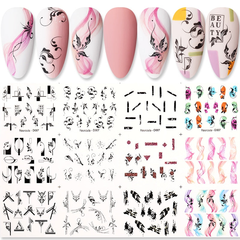 12 Designs Nail Stickers Set Mixed Floral Geometric Nail Art Water Transfer Decals Sliders Flower Leaves Manicures Decoration