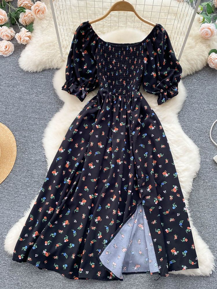 YuooMuoo Limited Big Sale Women Dress Fashion Romantic Floral Print Split Long Summer Dress Puff Sleeve Party Korean Vestidos