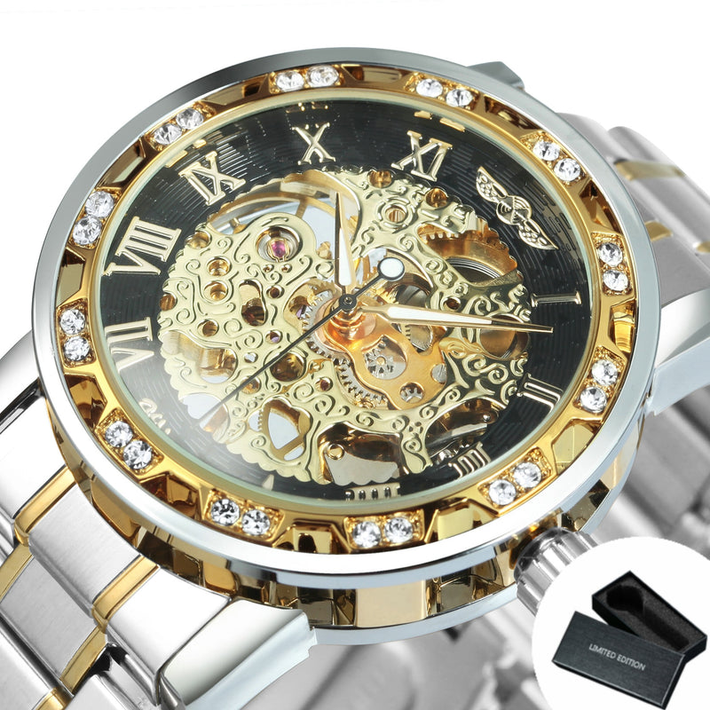 WINNER Transparent Skeleton Watch for Men Mechanical Wristwatches Diamond Watches Mens Luxury Stainless Steel Strap Unisex Clock