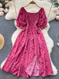 YuooMuoo Limited Big Sale Women Dress Fashion Romantic Floral Print Split Long Summer Dress Puff Sleeve Party Korean Vestidos