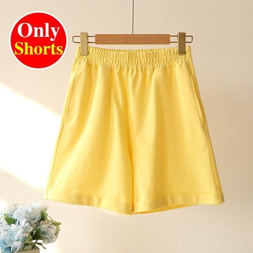 Summer Cotton Tracksuit Women Spring Loose Two Piece Sets Casual Long Sleeve  Sweatshirt &amp; Elastic Waist Shorts Female Outfits