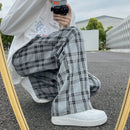Black and White Plaid pants Oversize New Women Casual Loose Wide Leg Trousers Ins Retro Teen Straight Trousers Hiphop Streetwear