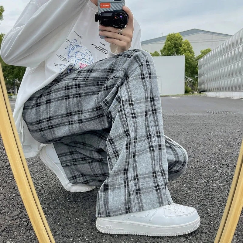 Black and White Plaid pants Oversize New Women Casual Loose Wide Leg Trousers Ins Retro Teen Straight Trousers Hiphop Streetwear