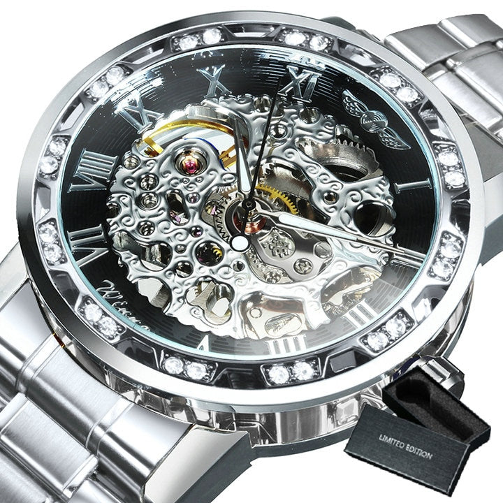 WINNER Transparent Skeleton Watch for Men Mechanical Wristwatches Diamond Watches Mens Luxury Stainless Steel Strap Unisex Clock