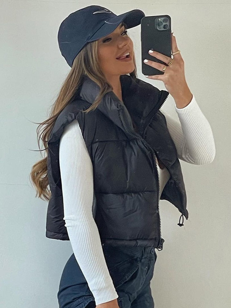 Willshela Women Fashion High Neck Cropped Waistcoat Puff Vest Casual Woman Sleeveless Jacket Chic Lady Winter Warm Outfits