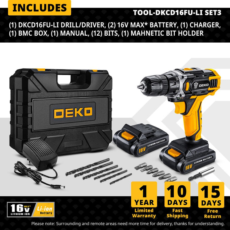 DEKO 12/16/20V MAX CORDLESS DRILL ELECTRIC SCREWDRIVER CHARGEABLE LITHIUM BATTERY POWER TOOLS FOR HOME DIY (DKCD SERIES)