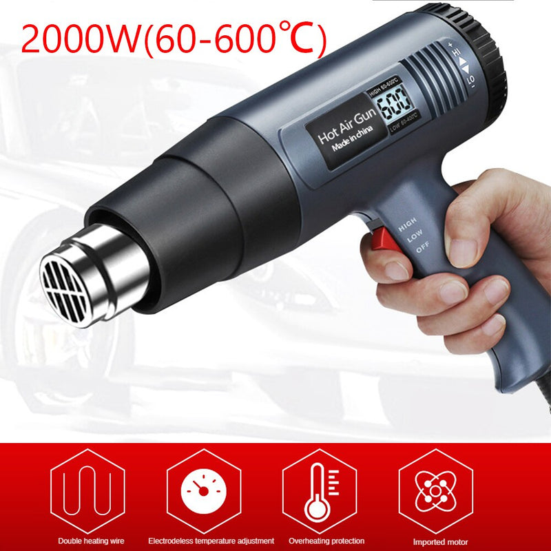 LCD Display Heat Gun 2000w Hot Air Gun Tool Handheld Electrical Heat Air Machine with 2-temp Settings 4 Nozzles