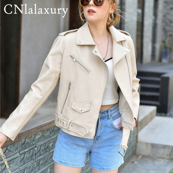 2022 New Spring Autumn Women Blue Faux Leather Jacket Ladies Solid With Belt Zipper Biker Coat Female Casual Outwear Veste Femme