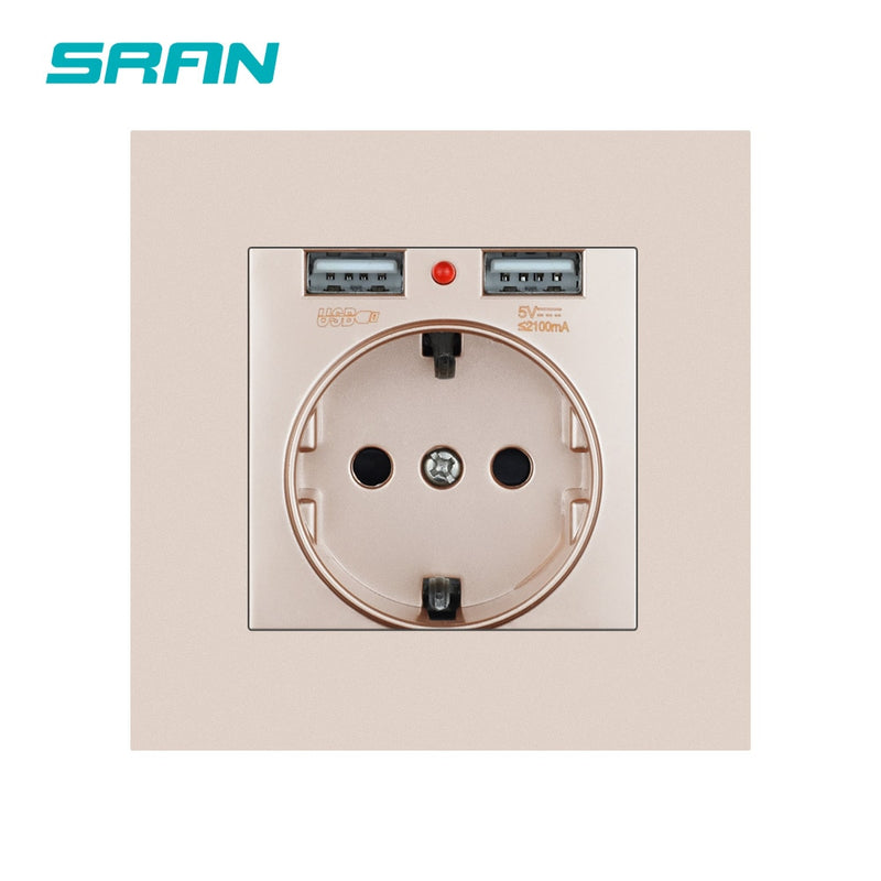 SRAN EU Power socket socket with usb for home,Dual Usb plug 5V 2A PC Panel 86*86mm Usb wall socket Smart LED ON/OFF 16A Outlets