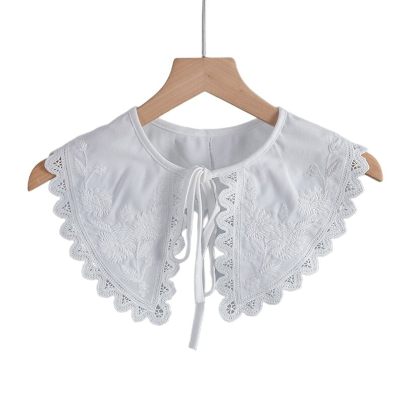 Royal Style Cotton Fake Collar Shawl Wrap Hollow Out Floral Lace Ruffled Trim Necklace Pointed Triangle Lapel Blouse