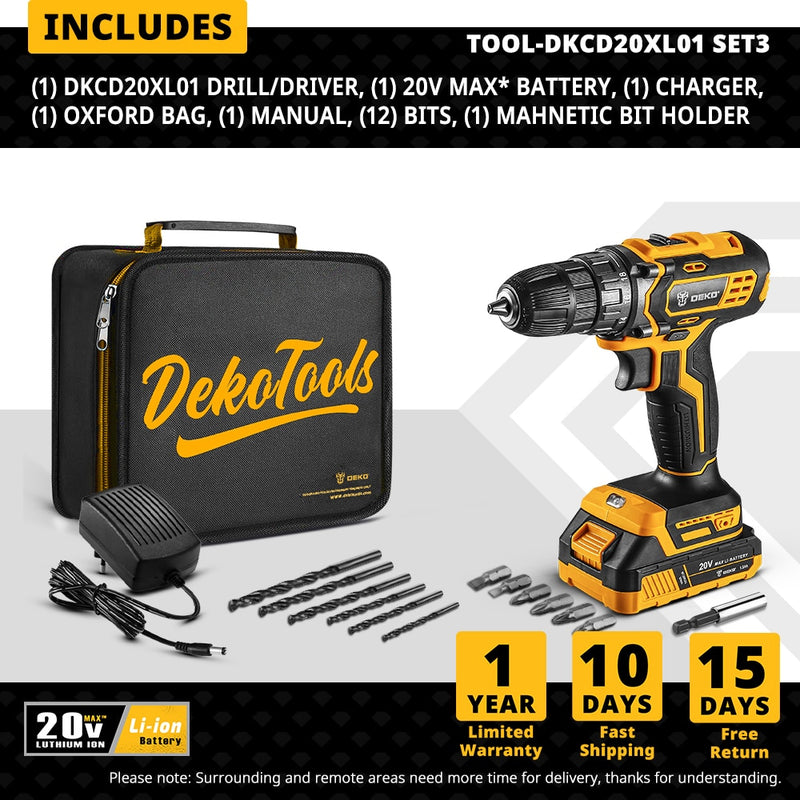 DEKO 20V MAX Cordless Drill Power Tools Wireless Drills Rechargeable Drill Set for Electric Screwdriver Battery Driller Tool