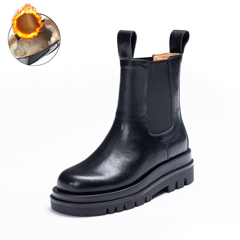 CXJYWMJL Plus Size Genuine Leather Women Chelsea Boots Elastic Band Platform Chimney Boot Ladies Autumn Booties Winter Warm Shoe