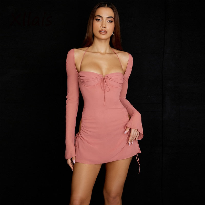 XLLAIS Wholesale Items Women Flare Long Sleeve Pink Dress Fashion Square Collar Bandage Robes Sexy Cut Out Party Club Vestidos