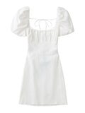 XNWMNZ women white fashion linen blend dress female square neck short puff sleeves backless crossover straps dress for women's