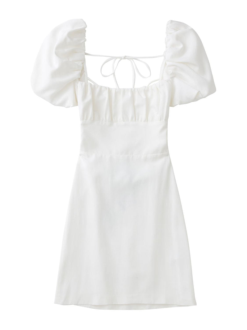 XNWMNZ women white fashion linen blend dress female square neck short puff sleeves backless crossover straps dress for women's