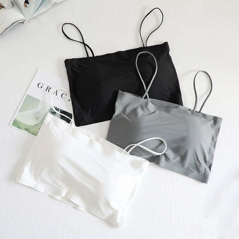 Sexy Bralette Top Tanks for Women Push Up Bras Lingerie Spaghetti Ice Silk Crop Top Camis Seamless Word Sling Female Tube Top
