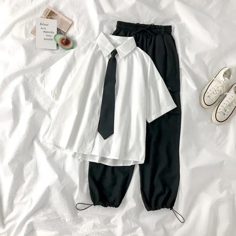 DAYIFUN White Shirts Women with Tie Japanese Style Preppy Students BF Oversized Blouse Simple Solid Loose Summer Top  L3204