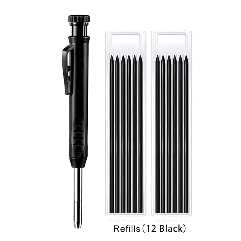 Solid Carpenter Pencil with Refill Leads and Built-in Sharpener for Deep Hole Mechanical Pencil Marker Marking Woodworking Tools