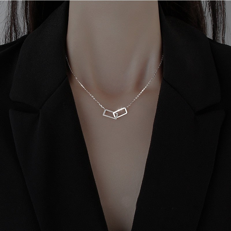Exquisite Crystal Hollow Double Square Necklace Pendant Clavicle Chain Korean Choker Ins