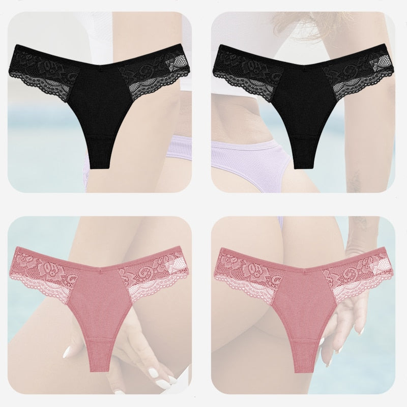 4PCS/Set Sexy Women Cotton Panties Lace Thong Underwear for Female Intimates Lingerie T-Back Floral Hollow Out Plus Size Panties