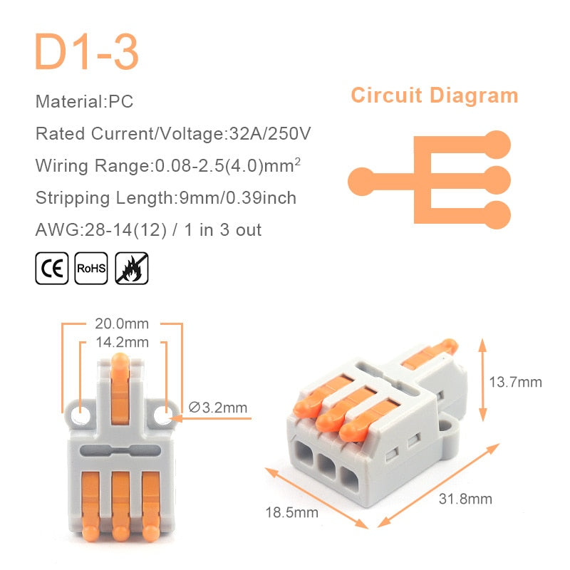 Mini Quick Wire Conductor Connector Universal Compact 2/3 Pin Splicing Push-inTerminal Block 1 in multiple out with fixing Hole