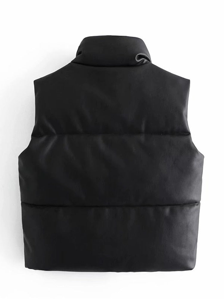 TRAF Women 2021 Fashion Leather Cotton Pocket Padded Waistcoat Vintage Sleeveless Female Outerwear Streetwear