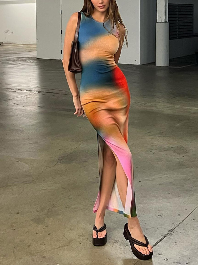 Sleeveless Backless Maxi Dress Women 2022 Summer Bodycon Elegant Sexy Tie Dye Outfits Ladies Birthday Party Club Sundress