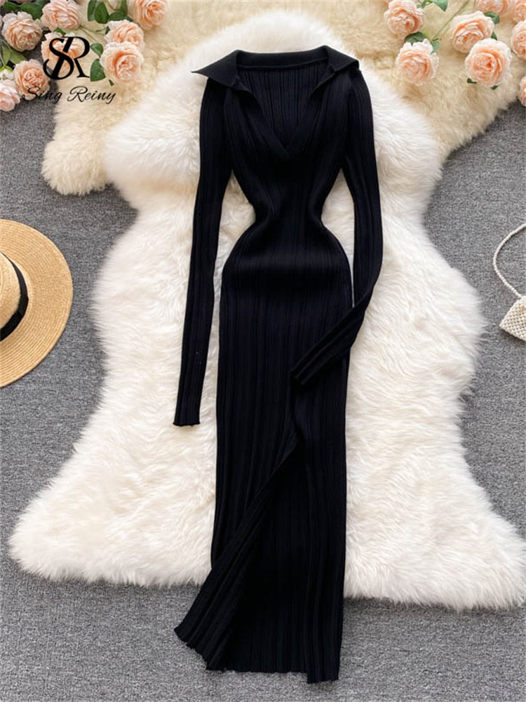 SINGREINY Women Korean Knitted Dress Long Sleeve V Neck Elastic Slim Pencil Dresses 2021 Autumn Sexy Bodycon Split Sweater Dress