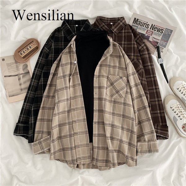 Women Shirt Plaid Oversize Blouse Female Korean Fashion Long Sleeves Shirt Tops Casual Outwear Vintage Checkered Femme Blusas