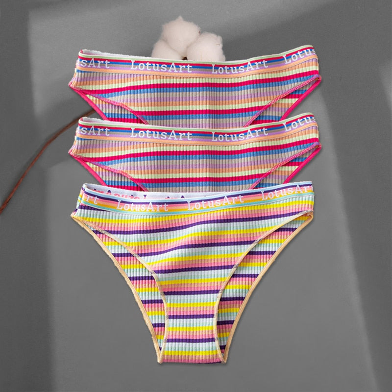 FINETOO 3Pcs/Set Colorful Stripes Panties Women&