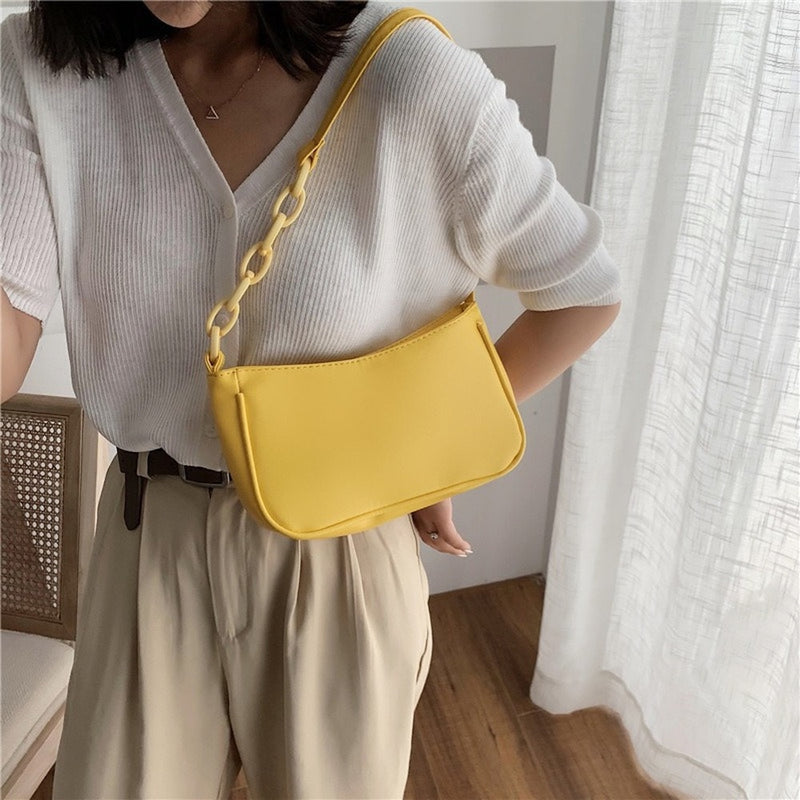 Female Leather Solid Color Chain Handbag Retro Casual Women Totes Shoulder Bags Fashion Exquisite Shopping Bag