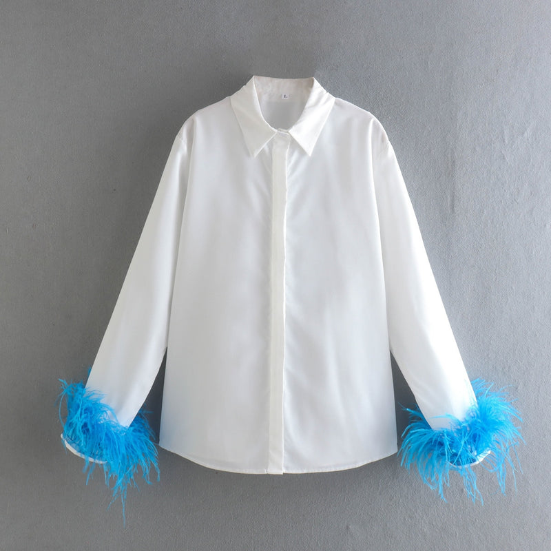 Green Feathers on the Cuffs Womens Blouses Long Sleeves Women&