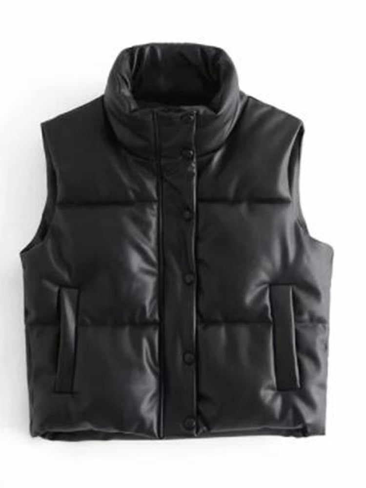 Black Stand Collar Vests Women Fashion Zipper PU Leather Coats Women Elegant Autumn Winter Short Vests Female Ladies