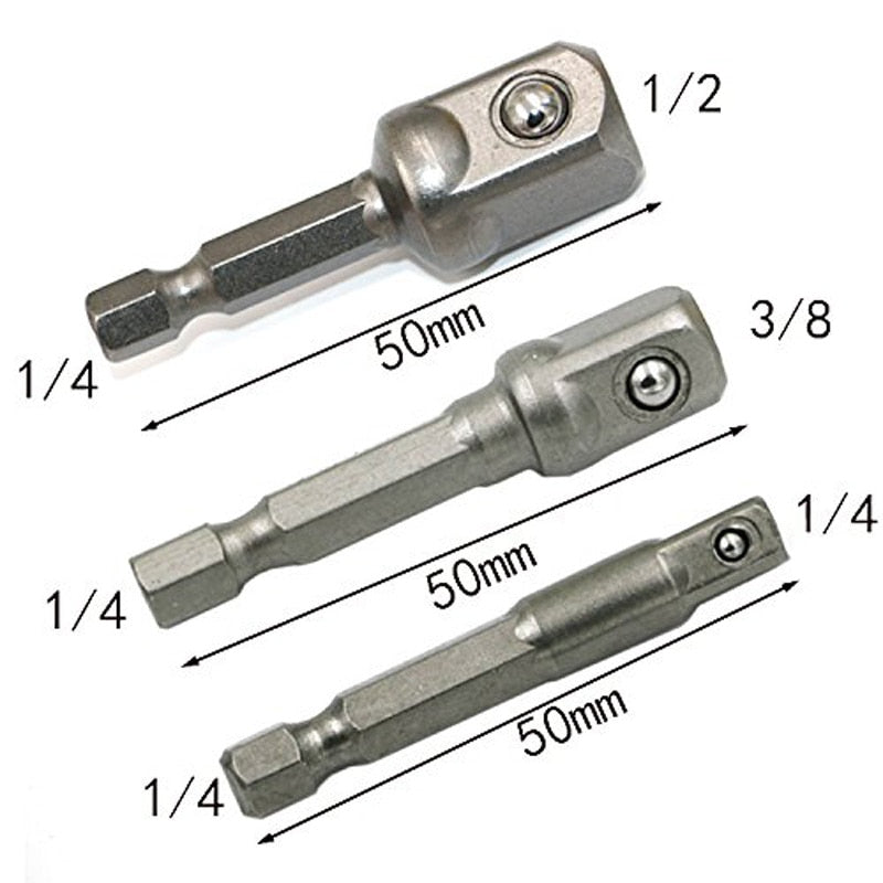 3Pcs 1/4 3/8 1/2&quot; Hex Power Drill Bit Driver Socket Bits Set Adapter Wrench Sleeve Extension Bar  Electric Screwdriver Bits Tool