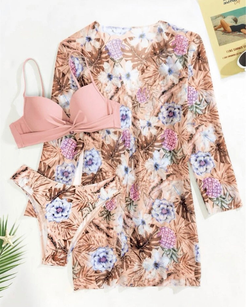 Floral Twist Low Waist Bikini Set Cover Up Swimsuit For Women Push Up Long Sleeve Three Pieces Swimwear 2022 Beach Bathing Suits