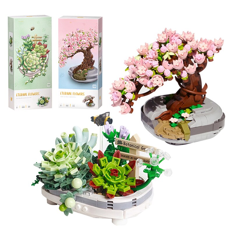 Mini Bouquet Building Blocks Flowers Succulent Cherry Blossom Bonsai 3D Model Home Decoration Children&