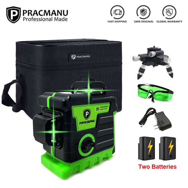 Pracmanu 12 Lines 3D Green Laser Level Horizontal and Vertical Cross Lines with 360°Auto Self-Leveling laser level 1/2 Batteries